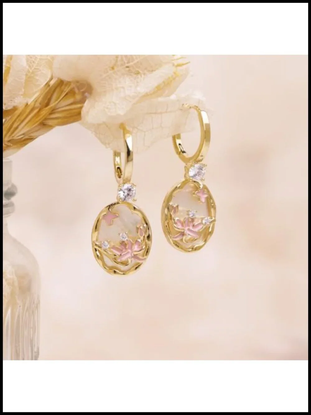 Gold Hoop Dangle Earrings with Mother of Pearl Lotus Flower CZ Rhinestone Drop